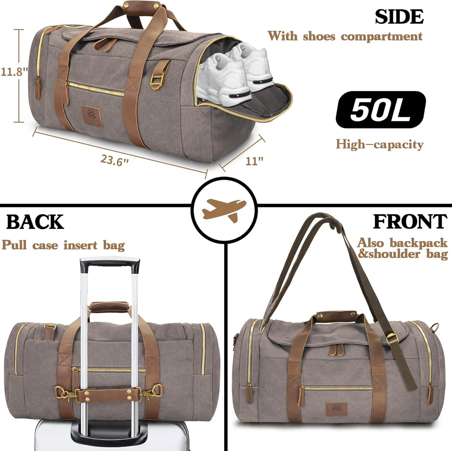 Vintage Canvas Duffle Bag, 50L Genuine Leather Travel Duffel Backpack Multifunctional Overnight Weekender Bag with Shoes Compartment Men (Grey) - Roamly