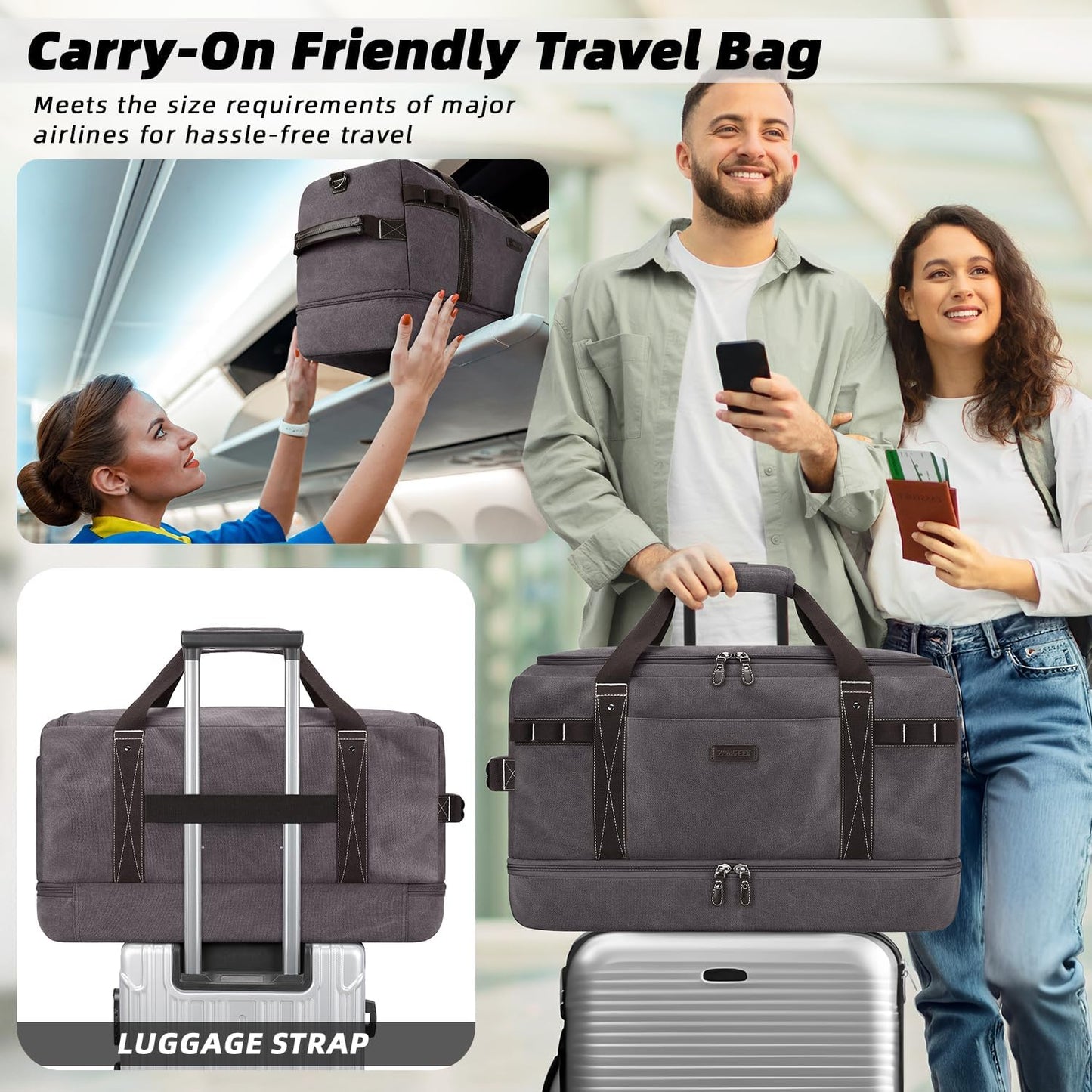 ZOMFELT Travel Duffle Bag for Men Women, Waterproof Canvas Overnight Duffel Bag with Removable Dividers & Shoe Compartment, Carry On Weekender Gym bag, Multi-Pocket & Vintage Design (Washed Grey) - Roamly