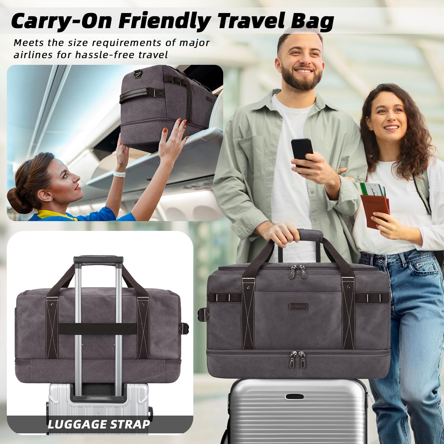 ZOMFELT Travel Duffle Bag for Men Women, Waterproof Canvas Overnight Duffel Bag with Removable Dividers & Shoe Compartment, Carry On Weekender Gym bag, Multi-Pocket & Vintage Design (Washed Grey) - Roamly