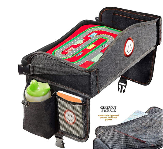 Coolmum Kids Travel Tray, Toddler Car Seat Tray, Double Sided Activity Organizer, Snack Lap Tray, Baby Stroller Table, Airplane Play Table, Waterproof and Foldable (Premium Black)