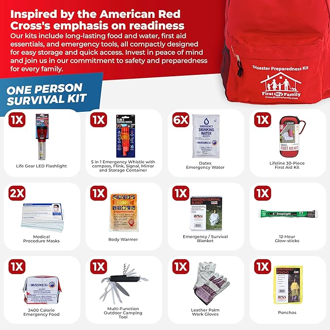 First My Family All-in-One 1 Person, 72 Hour Bug Out Bag Emergency Survival Kit for Family. Be Prepared for Hurricanes, Floods, Tsunami, Other Disasters