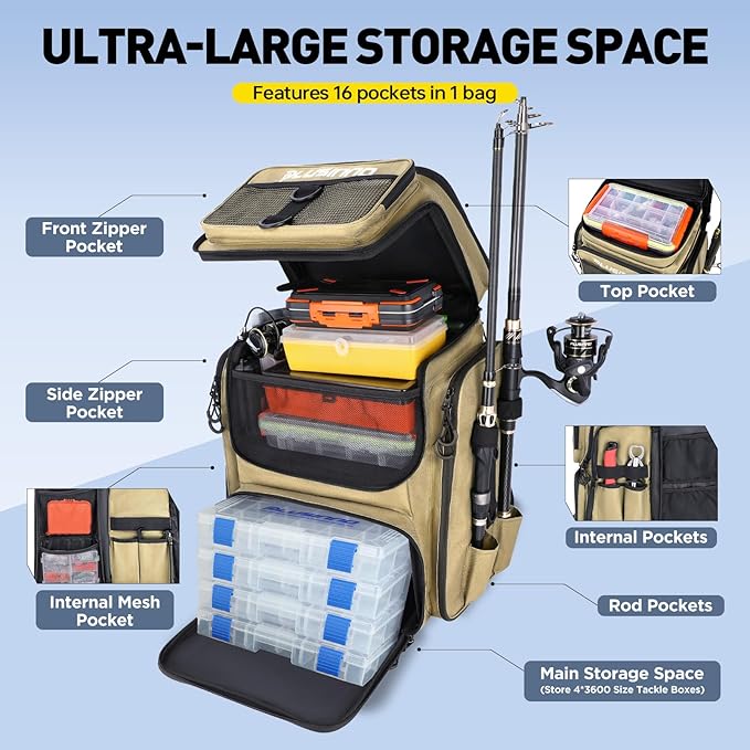 PLUSINNO Fishing Backpack with Rod Holders Tackle Box, 42L Large Water-resistant Fishing Tackle Bag Store Fishing Gear