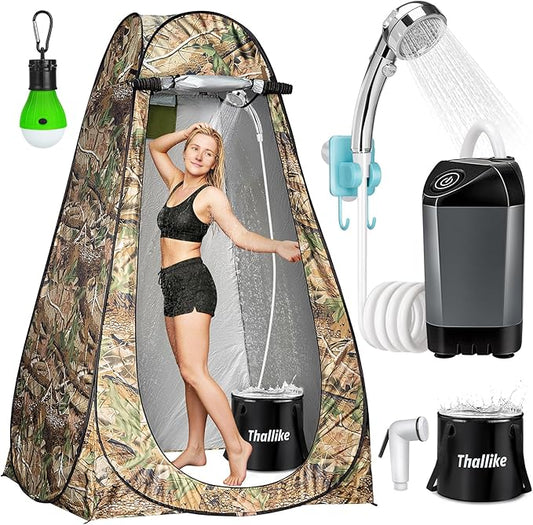 Portable Camping Shower, Pop Up Shower Privacy Tent Kit with LED Lights, 4500mAh Rechargeable Shower Pump, Filtered Shower Head & 7.4 Gallons Foldable Bucket, Outdoor Shower for Hiking Beach, Travel