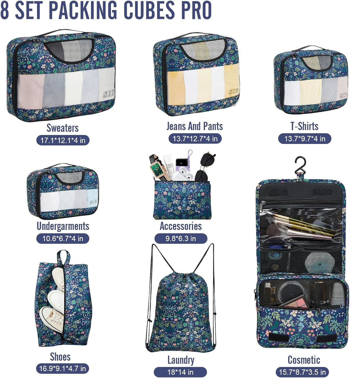 Veken 8 Set Packing Cubes for Travel Essentials, Suitcase Organizer Bags in 4 Sizes, Carry-On Luggage Accessories with Large Laundry & Hanging Toiletry Bag, Must-Have for Airplane, Road Trip & Camping - Roamly
