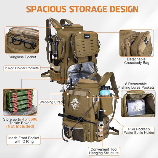Goture Fishing Backpack, 58L 900D Water-Resistant Insulated Tackle Backpack with Cooler, Rod Holders, 8 Lure Pockets, Detachable Crossbody Bag, Gear Storage Large Fishing Bag for Camping Hiking