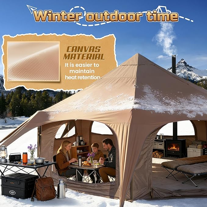16.5ft Canvas Bell Tent, Large Yurt Tent with Stove Jack for Camping & Glamping, 55" High Walls, Maximum Space, Waterproof 4 Season Hot Tent with 8 Mesh Windows & Removable Floor