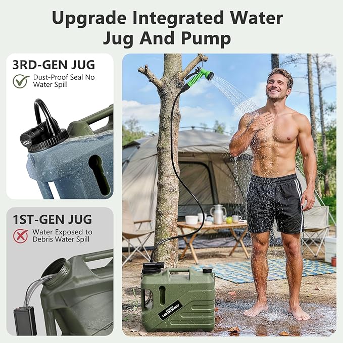 SPACEREST Integrated Camping Shower – Spill Resistant, Electric Portable Shower for Camping with 5 Gallon Food-Grade Water Jug, Easy to Store for Hiking, Beach, 7-Mode Shower Head, IPX7 Waterproof