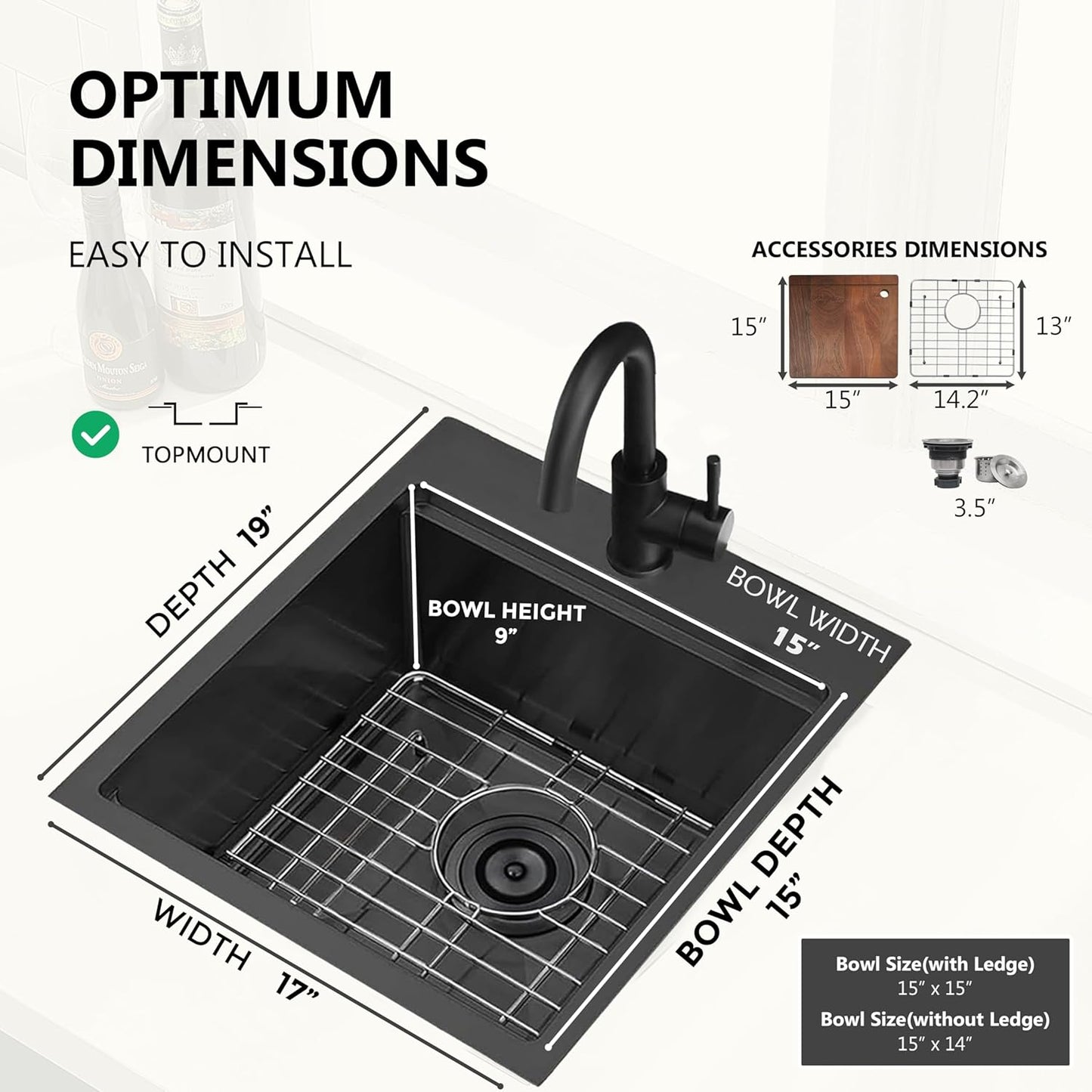 COMLLEN 17x19 Inch Black Drop in Bar Sink, 304 Stainless Steel Utility Kitchen Workstation,Gunmetal 9 Inch Deep Wet Bar Sink, RV Laundry Prep Kitchen Sinks with Dish Grid & Drain & Cutting Board