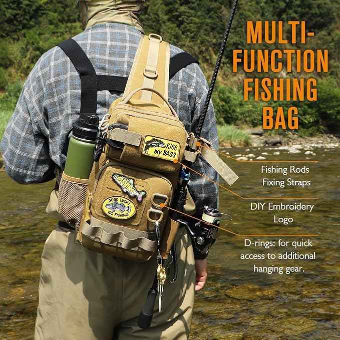 Dovesun Small Fishing Backpack with Tackle Boxes Fishing Sling Bag DIY Embroidery Patches Tackle Bag Gift for Men Khaki