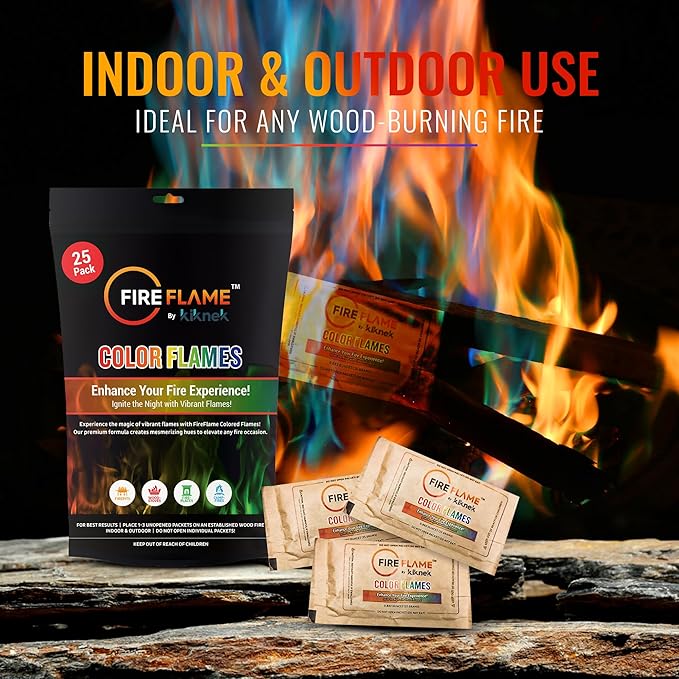 Fireflame Fire Color Changing Packets - Colorful Fire Flames Packets - 25 Pack - for Outdoor Pit, Fireplace, Bonfire, Campfire, Camping Accessories for Kids & Adults