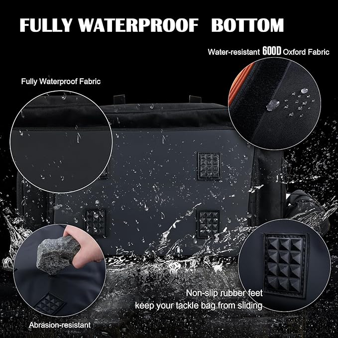 Goture Fishing Tackle Bag, Store Up to 4PCS 3700 Plus 2PCS 3600 Tackle Trays(Not Included), 600D Soft Side Gear Fishing Bag with Rod Straps,Detachable Water Bottle Pouch,Waterproof Bottom,SBS Zippers