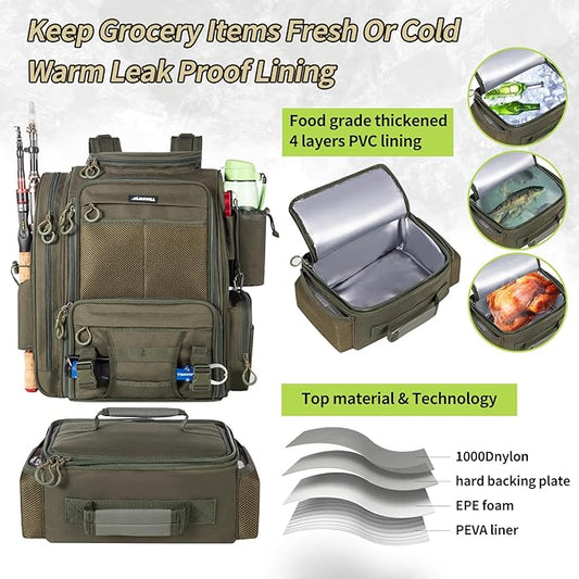 BLISSWILL Large Fishing Backpack with Cooler for 3 Tackle Boxes - Fishing Bag with Rod Holders for Camping and Hiking