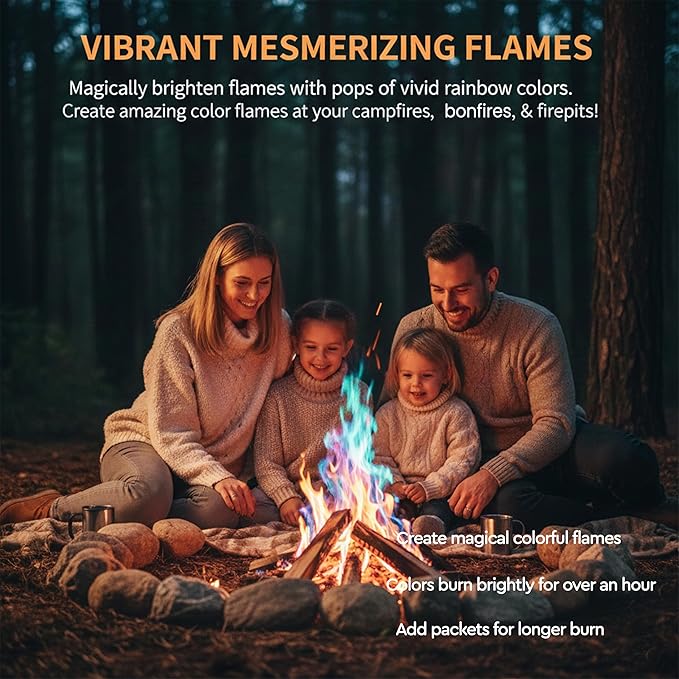 Magic Campfire Fire Color Changing Packets for Fire Pit (12 Pack) Outdoor Fireplaces & Bonfires, Rainbow Colored Flames – Perfect Camping Essential & Accessories for Kids & Adults - Campfire Flames