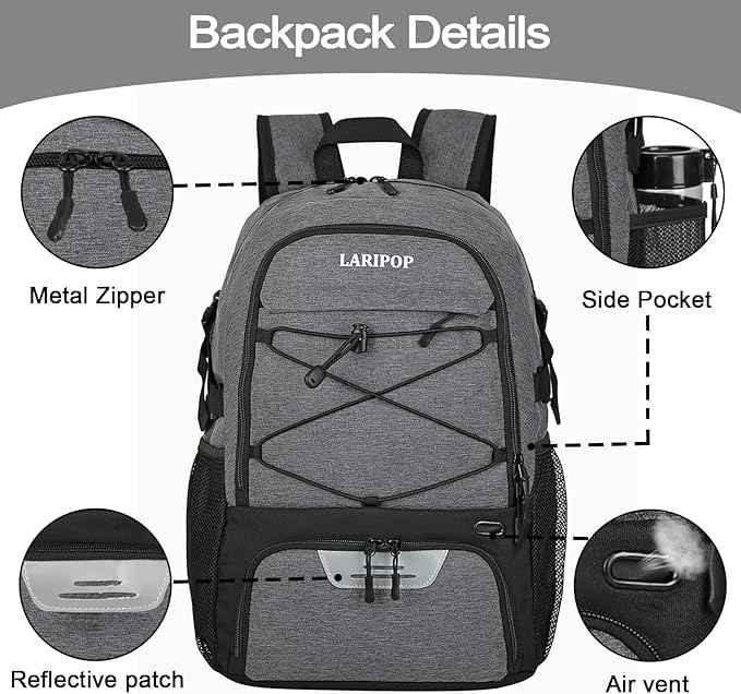 LARIPOP Basketball Bag, Sports Backpack with Ball Holder & Shoe Compartment, Water Resistant Gym Bag for Soccer Volleyball Travel