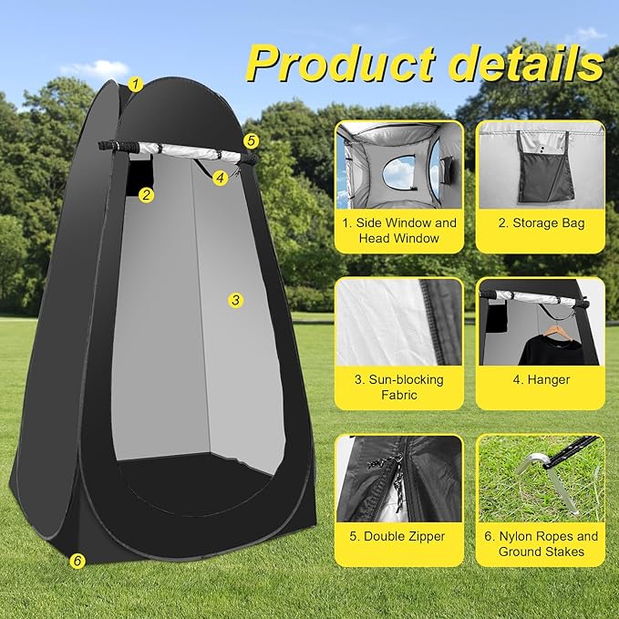 Portable Camping Privacy Tent, Outdoor Shower Tent Kit with 5 Gallon Shower Bag-(Nozzle Upgraded)