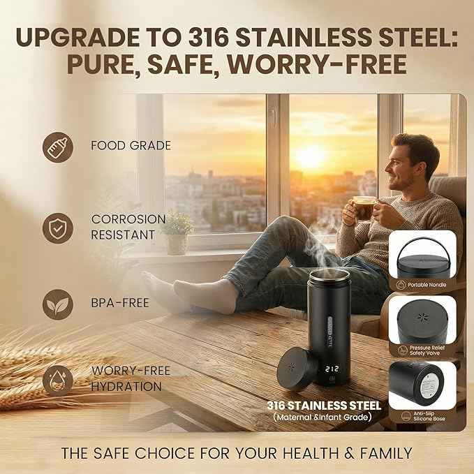 Portable Electric Kettle （120V）, Travel Tea Kettle, 316 Stainless Steel Premium Liner, 4-speed Temperature Adjustment with Auto Shut-off and Boil-Off Protection black