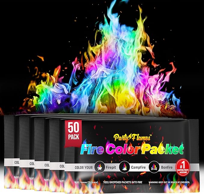 Magic Campfire Fire Color Changing Packets for Fire Pit (50 Pack) Outdoor Fireplaces & Bonfires, Rainbow Colored Flames - Perfect Camping Essential & Accessories - Must Have for Kids & Adults