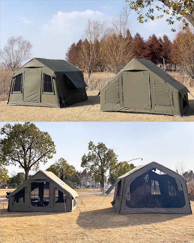 Cotton Inflatable Camping Tent, 2-4 Person, Windproof Glamping Design with Skylight, Instant Setup (2~4person(10.2'L X 8'W X 7'H)-Green)