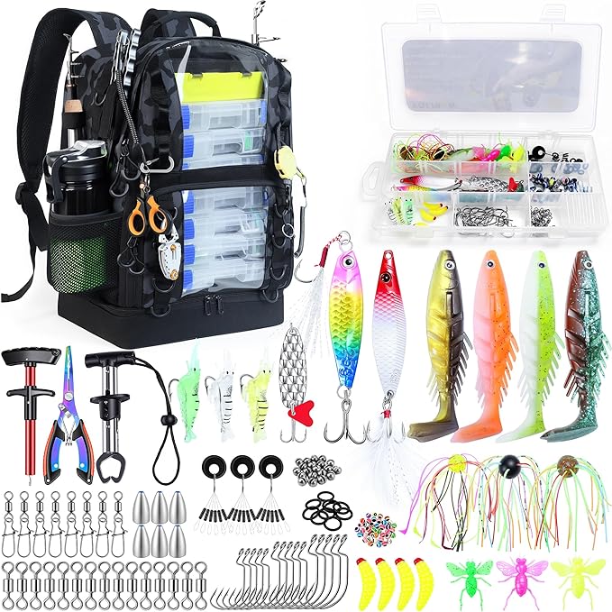 Fishing Backpack with Tackle Boxes,45L Large Tackle Bag with Cooler & Fishing Gear Kit,Waterproof Tackle Backpack for Gift with Fishing Lures, Fishing Pliers,Camouflage