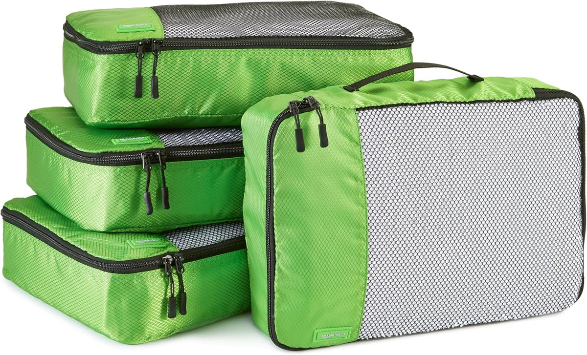 Amazon Basics Medium Packing Cubes for Travel, Packing Organizers, 4-Piece-Set With Double Zipper Pulls and Mesh Top Panel, 100% Durable Polyester, Green, 13.8"L x 9.8"W x 3"H - Roamly