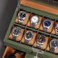 ROTHWELL 10-Slot Watch Box in Leather with Valet Drawer, Luxury Watch Case Display Organizer with Ultra Soft Microsuede Liner, Jewelry and Sunglass Holder With Large Glass top (Green/Tan)