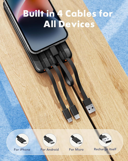 charmast 20000mAh Portable Charger with Built in Cables, 22.5W Travel Power Bank Fast Charging, USB C Cell Phone Battery Pack for iPhone 16/15/14/13/12/11 Series, iPad, Samsung, Android, Tablet - Roamly