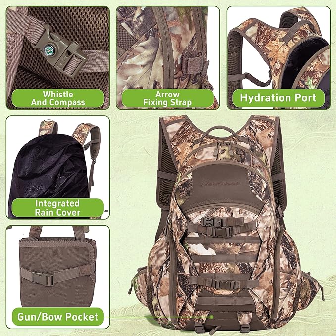 Hunting Backpack with Waterproof Rain Cover, 35L Hunting Backpacks for Men, Durable Large Capacity Hunting Day Pack with Rifle Bow Holder