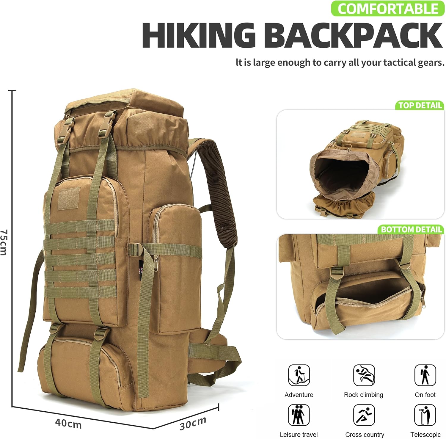 King'sGuard 70L Camping Hiking Backpack Tactical Backpack Military Molle Rucksack Backpack for Outdoor - Roamly