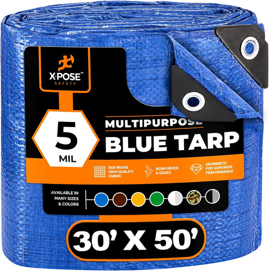 Better Blue Poly Tarp 30' x 50' - (Cut Size) Multipurpose Protective Cover - Lightweight, Durable, Waterproof, Weather Proof - 5 Mil Thick Polyethylene - by Xpose Safety