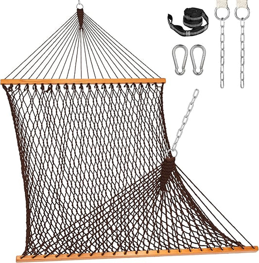 Lazy Daze Hammocks Double Rope Hammock, 2 Person Traditional Outdoor Hand Woven Cotton Rope Hammock with Spreader Bar, Carabiners, Tree Straps, Chains for Patio Yard - Max 450 Lbs, Dark Brown