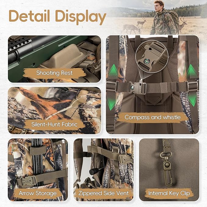 BLISSWILL Upgraded Hunting Backpack,With Padded Weapon Compartment for Bow Rifle，For Deer and Elk Hunting，Hunting bag with Rain Cover(Forest Floor)