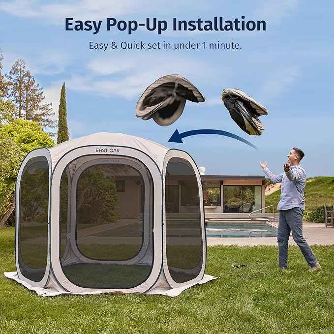 East Oak Screen House Tent Pop-Up, Portable Screen Room Canopy Instant Screen Tent 10 x 10 FT with Carry Bag for Patio, Backyard, Deck & Outdoor Activities, Beige