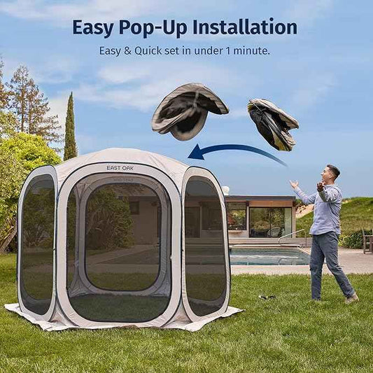 East Oak Screen House Tent Pop-Up, Portable Screen Room Canopy Instant Screen Tent 10 x 10 FT with Carry Bag for Patio, Backyard, Deck & Outdoor Activities, Beige