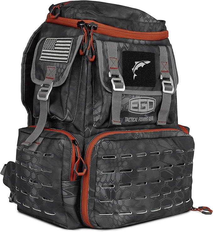 Ego Kryptek Tactical Tackle Box Backpack, Durable Fishing Tool Bag, 1000D Nylon Fabric with PVC Back, Water-Resistant, Multiple Storage Pockets, Laser-Cut Molle Loops, Includes 4 Tackle Trays