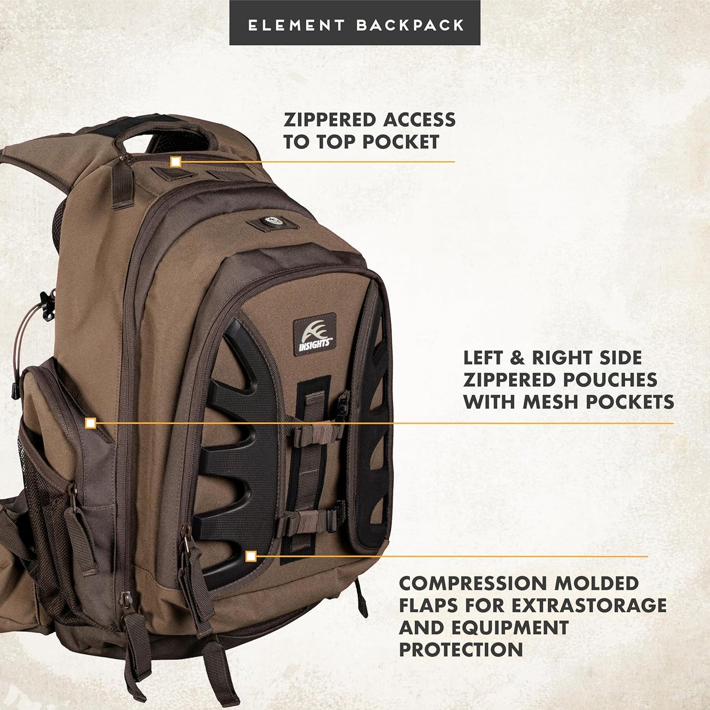 Insights Hunting by frogg toggs - The Element, Heavy Duty 1,831 Cubic Inch Hiking Fishing Camping Hunting Backpack, Solid Elements Brown - Roamly
