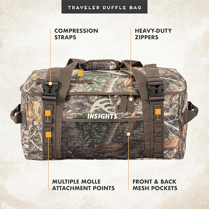 Insights Hunting by frogg toggs– The Traveler Gear Bag, All Around Hunting Weatherproof Storage Duffle, XXL 5000 Cubic Inches of Storage, Realtree Edge