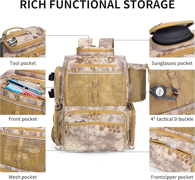 Rabjen Fishing Tackle Backpack with Rod Holders, Bottle Holder, Storage Bag Store Fishing Gear