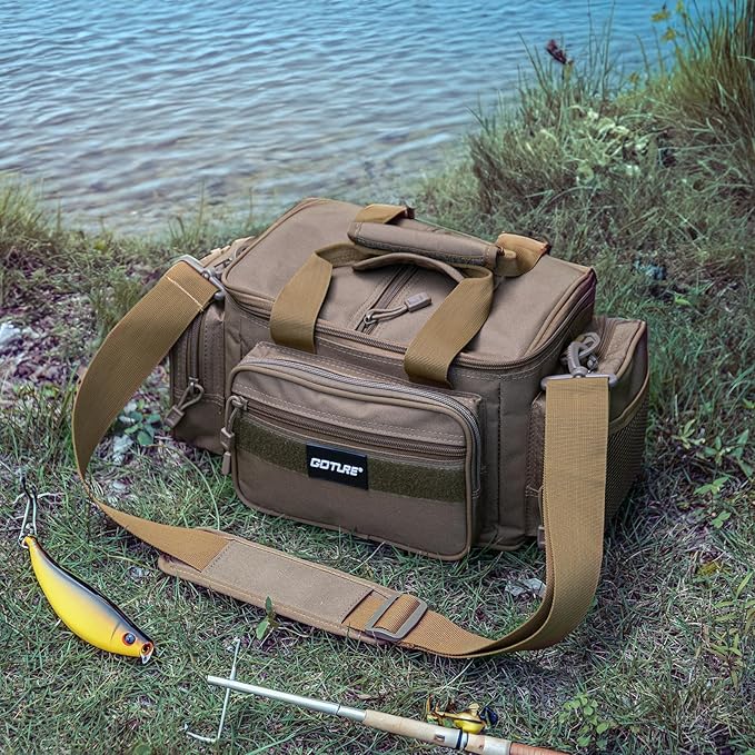 Goture Fishing Tackle Bag, 600D Water-Resistant Soft Side Crossbody Sling Bag for Men & Women,Small Gear Storage Tactical Bags for Saltwater & Freshwater,Fits 4 3600 Tackle Boxes (Not Included)