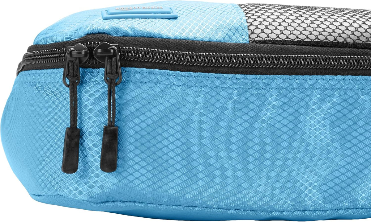 Amazon Basics Medium Packing Cubes for Travel, Packing Organizers, 4-Piece-Set With Double Zipper Pulls and Mesh Top Panel, 100% Durable Polyester, Sky Blue, 13.8"L x 9.8"W x 3"H - Roamly