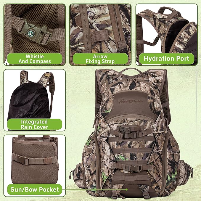 Hunting Backpack with Waterproof Rain Cover, 35L Hunting Backpacks for Men, Durable Large Capacity Hunting Day Pack with Rifle Bow Holder