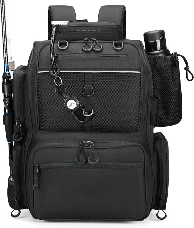 Rabjen Fishing Tackle Backpack with Rod Holders, Bottle Holder, Storage Bag Store Fishing Gear