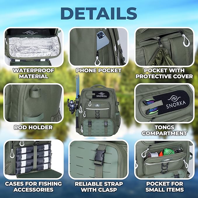 Fishing Backpack with Tackle Boxes and Rod Holders 40L; Plus Rain Cover, Padded Back Support, Insulated Front Pocket for Hot/Cold Lunch, Water Bottle Holder(Army Green)