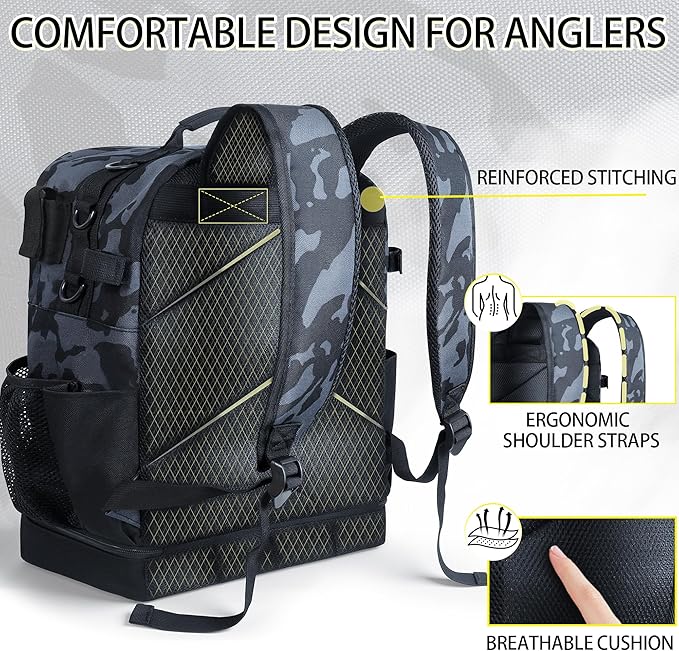 Fishing Tackle Backpack with Cooler,45L Large Tackle Bag with 2 Rod Holders & Clear Window,Outdoor Fishing Backpack for Fishing,Camping, Hiking,Camouflage