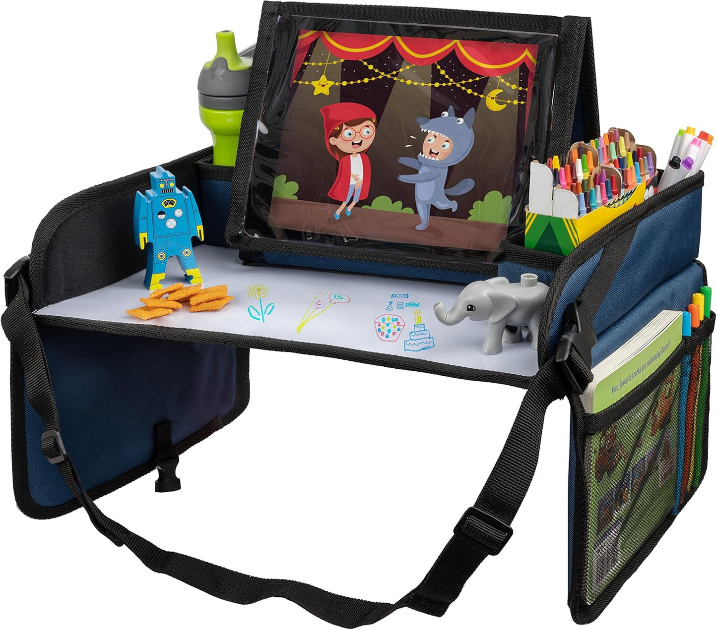 Lusso Gear Kids Travel Tray for Car - Summer Road Trip Essentials for Kids - Car Seat Tray for Travel - Toddler Travel Lap Desk and Organizer - Holds Snacks, Water Bottle, Toys (Blue)