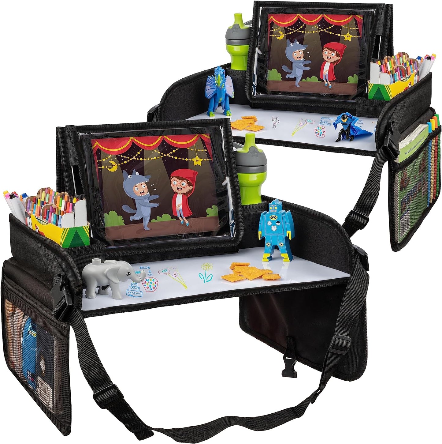 Lusso Gear Kids Travel Tray 2-Pack for Car Seats - Car Seat Tray with Tablet Stand, Mesh Pockets and Cup Holder - Road Trip Essentials Organizer and Activity Desk (Black)