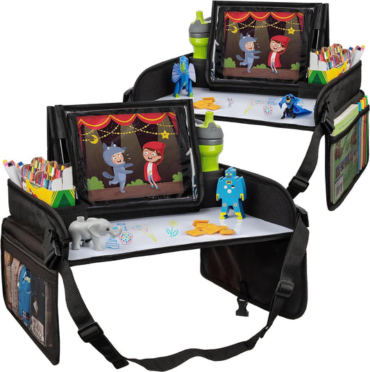 Lusso Gear Kids Travel Tray 2-Pack for Car Seats - Car Seat Tray with Tablet Stand, Mesh Pockets and Cup Holder - Road Trip Essentials Organizer and Activity Desk (Black)