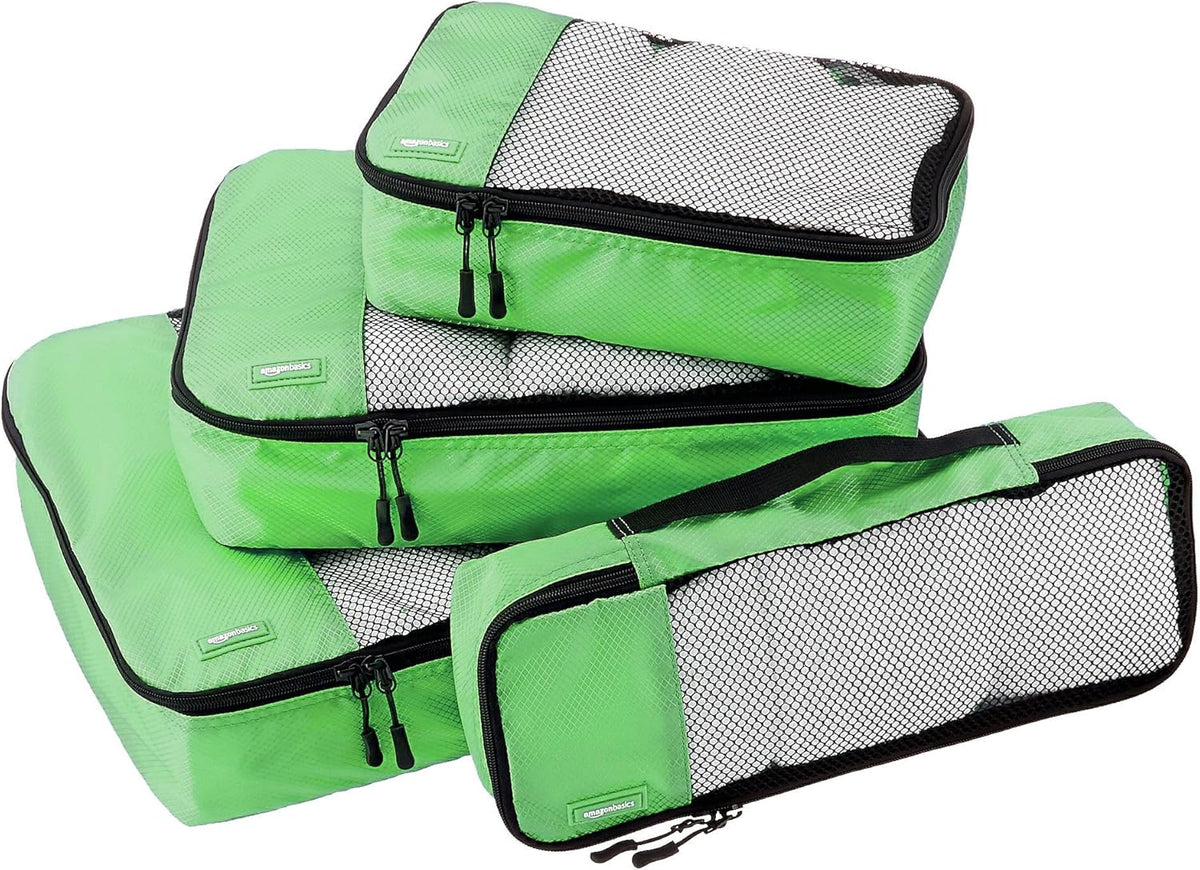 Amazon Basics Packing Cubes for Travel, Packing Organizers Set, 4-Piece-Set (Slim, Small, Medium, Large) With Double Zipper Pulls and Mesh Top Panel, 100% Durable Polyester, Green - Roamly