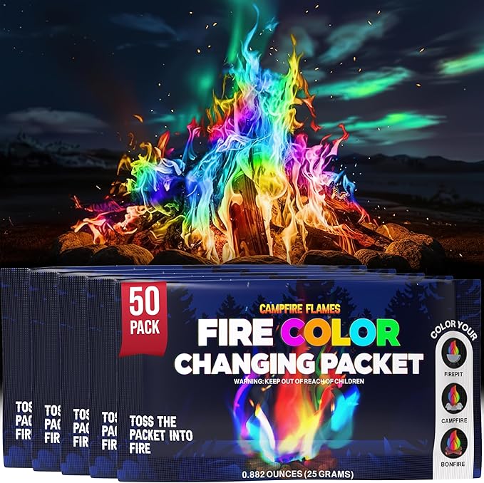 Magic Campfire Fire Color Changing Packets for Fire Pit (50 Pack) Outdoor Fireplaces & Bonfires, Rainbow Colored Flames - Perfect Camping Essential & Accessories - Must Have for Kids & Adults