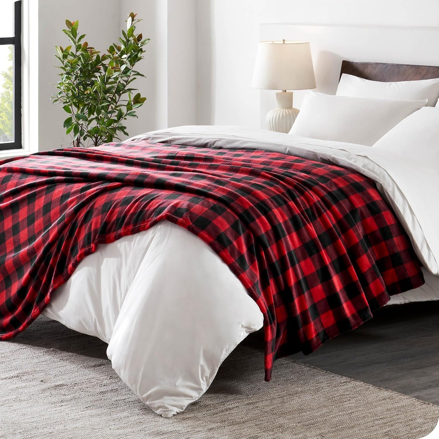 Bare Home Fleece Blanket - King Size - Ultra-Soft Lightweight for Bed, Sofa, and Couch - Luxury Microplush - Cozy Warm Blanket (King, Buffalo Plaid - Red/Black)