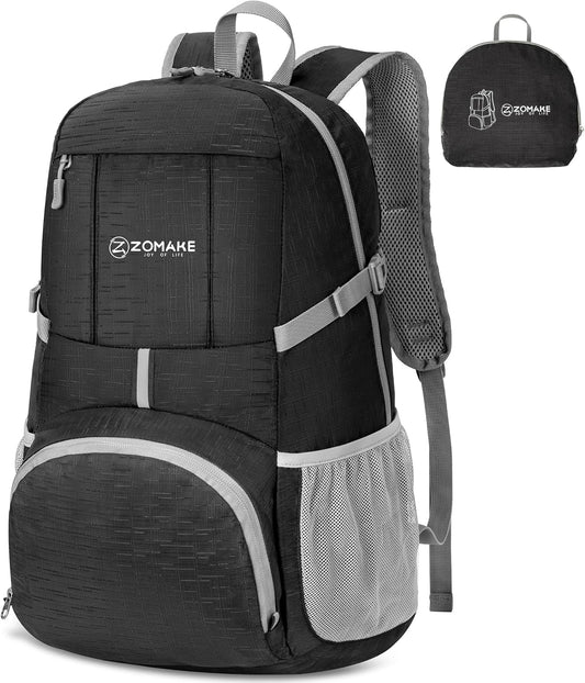 ZOMAKE Lightweight Packable Backpack 35L, Light Foldable Backpacks Water Resistant Collapsible Hiking Bag, Compact Folding Day Pack for Travel Camping(Graphite black) - Roamly